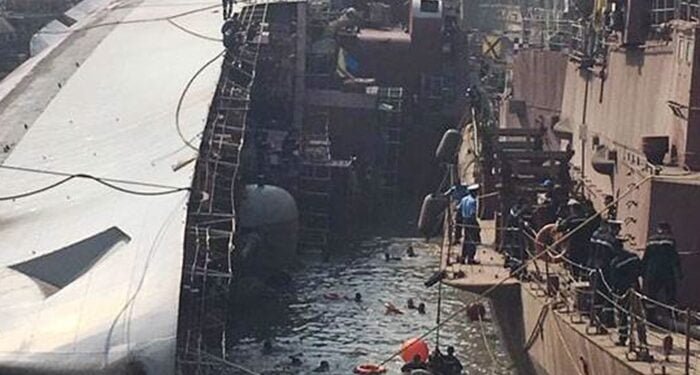 Resolve rights Indian Navy frigate after undocking accident image description