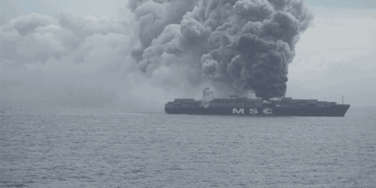 The MSC Flaminia containership on fire in the mid-Atlantic in 2012.