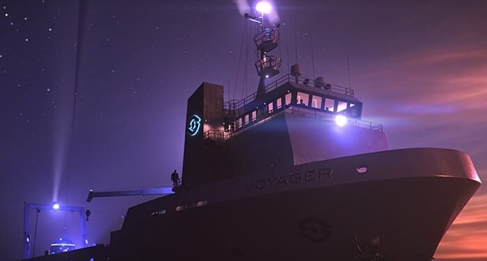 Rendering of marine spaceport vessel at night