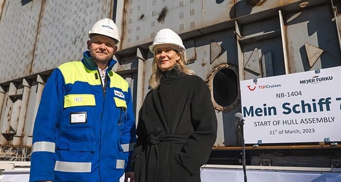 Meyer Turku CEO Tim Meyer and TUI Cruises CEO Wybcke Meier celebrate keel laying of Mein Schiff 7