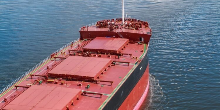 bow of a dry bulk carrier at anchor