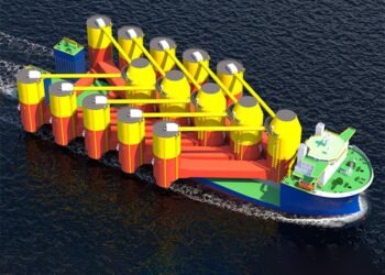 Rendering of five Bassoe D-Floater foundations being transported.