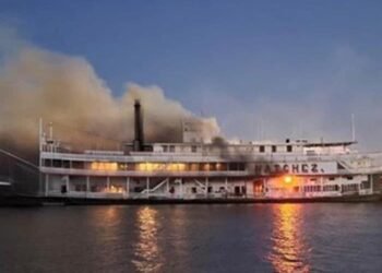 Steamboat Natchez on fire