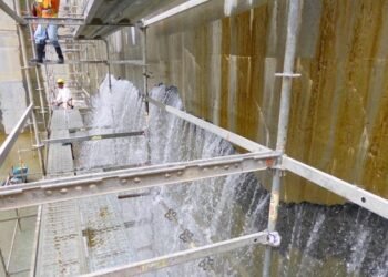 Photo dated August 25, 2015 showing water leaking through cracks in the concrete of the new Cocoli Locks complex, located on the Pacific side of the Panama Canal.
