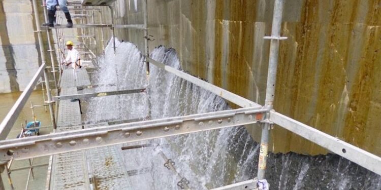 Photo dated August 25, 2015 showing water leaking through cracks in the concrete of the new Cocoli Locks complex, located on the Pacific side of the Panama Canal.