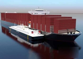 LNG Bunkering barge alongside containership